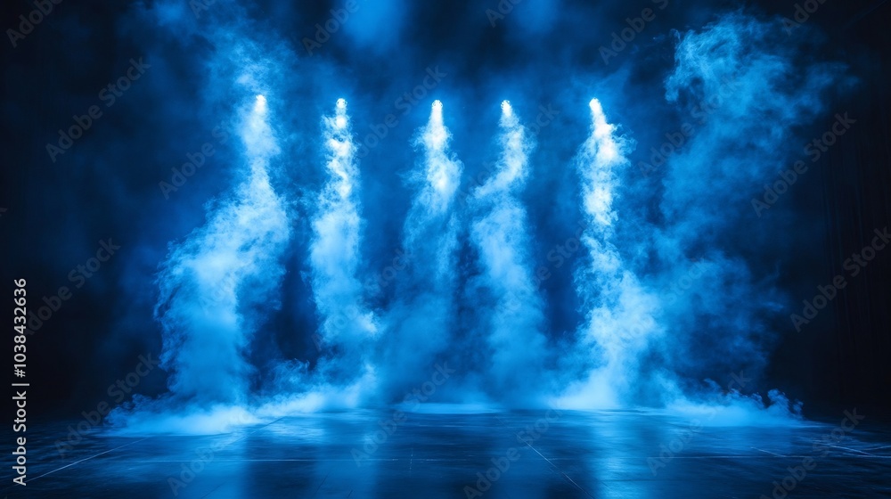 Poster blue stage lights shine down through ethereal clouds of smoke a dark black backdrop casting dynamic 