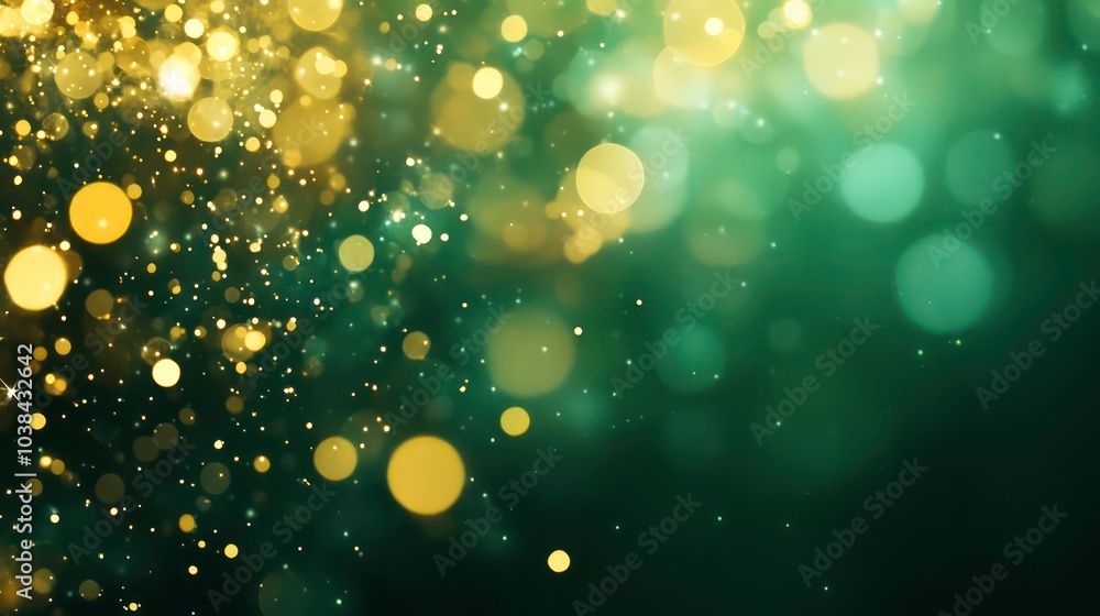 Poster Abstract green and gold bokeh background with sparkling lights and a blurred effect.