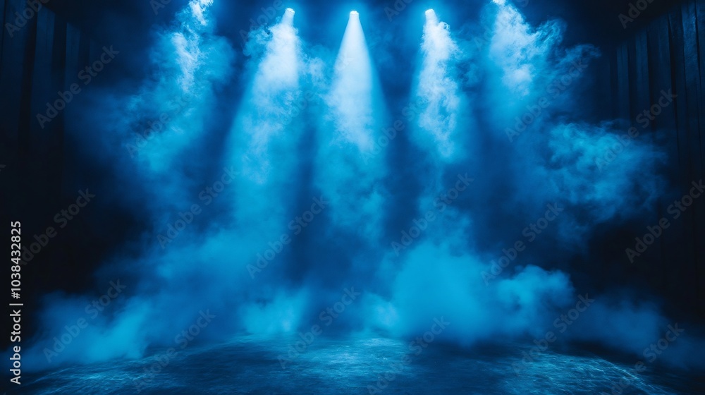 Poster blue stage lights shine down through ethereal clouds of smoke a dark black backdrop casting dynamic 