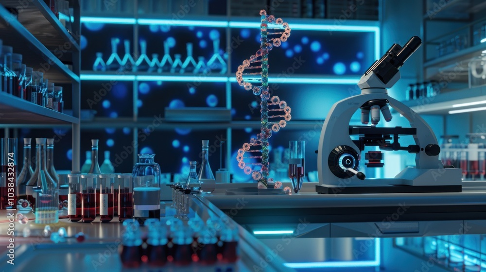 Poster modern lab with microscope and dna model