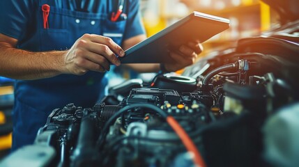 Obraz premium Technician using an augmented reality interface on a tablet to diagnose and repair an engine, showcasing cutting-edge technology in car maintenance.