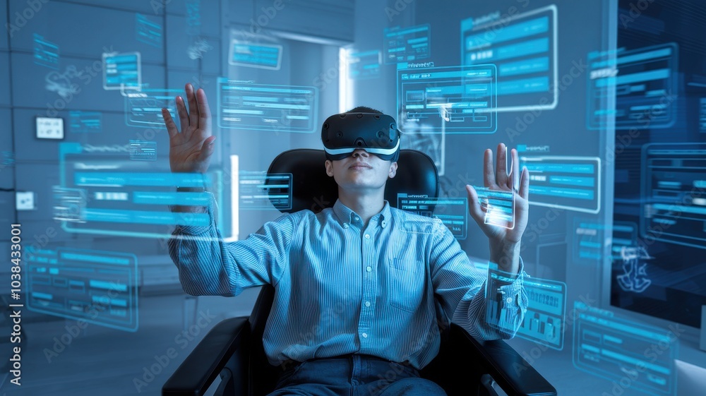 Poster person using virtual reality headset in a tech-driven environment.