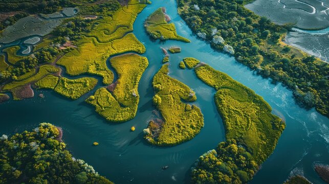 Drone perspective of a river delta with multiple branching waterways,