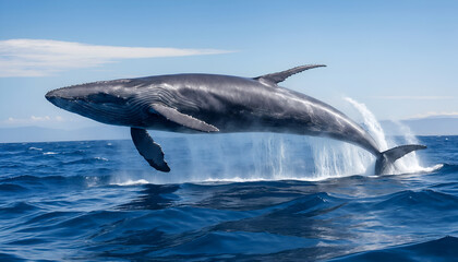 Fototapeta premium blue whale jumping over the water in the deep ocean 
