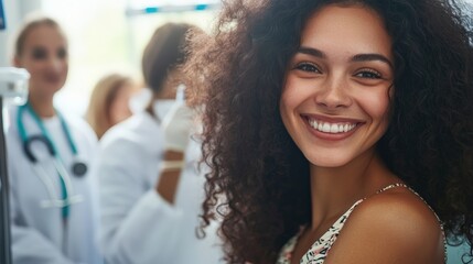 Transgender woman getting her first hormone therapy shot at a medical clinic, smiling with hope and anticipation. Medical transition and self-discovery.