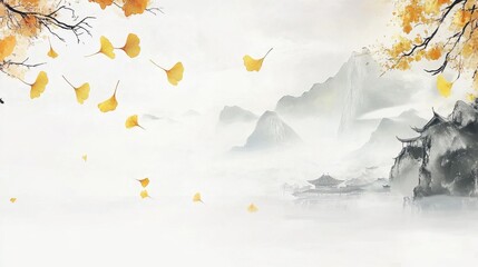 Beautiful natural scenery in autumn in illustration style