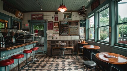 A vintage coffee shop with retro decor and old-fashioned menu boards