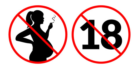 Icon set for cigarette packaging featuring prohibitory sign of pregnant woman smoking and No 18 warning. Vector illustration for health warnings, anti smoking campaigns and regulatory packaging