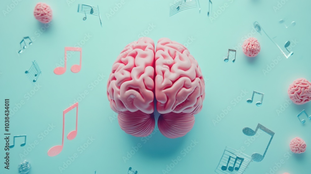 Poster the artwork shows a pink brain on a pastel blue background with floating musical notes, blending mus