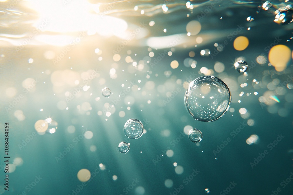 Aufkleber bubbles rising in tranquil water, illuminated by sunlight, creating a serene underwater scene with s