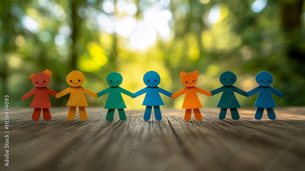 Poster cheerful paper cutouts bright colors and smiling faces standing hand in hand on a wooden table surro