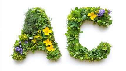 Vibrant floral arrangements forming the letters A, B, C, decorated with intricate leaf patterns. Nature-inspired alphabet design.