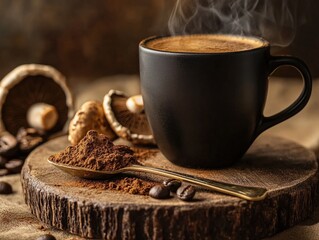 A minimalist setup of a steaming cup of coffee mixed with mushroom extract, with a spoonful of powdered mushrooms next to it, highlighting the earthy blend and health-focused ingredients