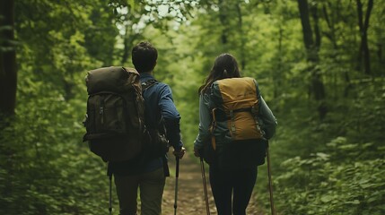 Naklejka premium Two friends trekking through a forest trail, their backpacks and walking sticks visible against a backdrop of towering trees and undergrowth.