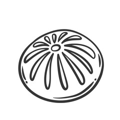 Steamed bao bun or dumpling line icon. Outline hand drawn steamed dough with filling of round shape, top view. Chinese cuisine, food snack mascot, Baozi, manti dumpling icon vector illustration