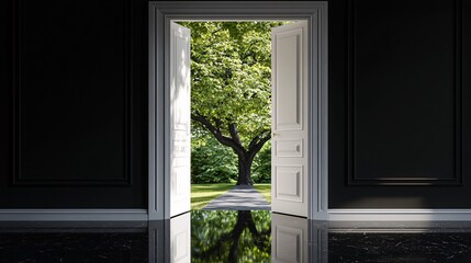 Fototapeta premium A stunning view through an open doorway revealing a vibrant tree in a lush green garden, contrasting against elegant dark interiors.