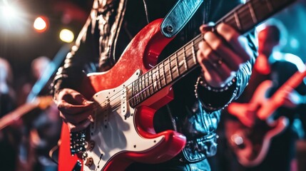Obraz premium Woman playing guitar on stage at a live concert, the crowd cheering and lights shining brightly. Music and performance.