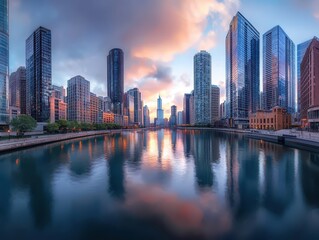 Fototapeta premium Wide Angle View of Chicago Skyline at Sunset