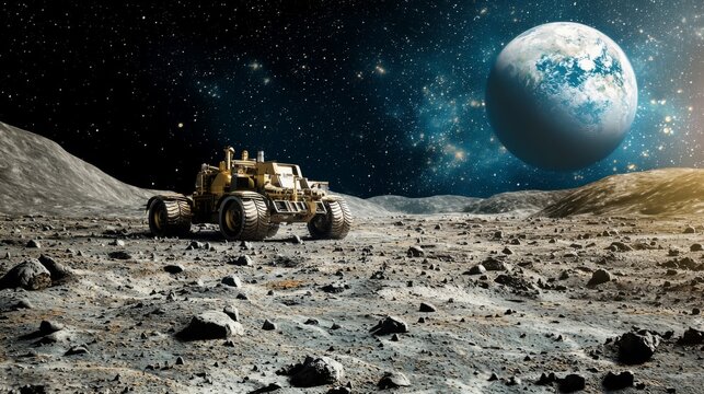Rover on the Moon : A futuristic lunar rover exploring the surface of the moon, with Earth visible in the distance