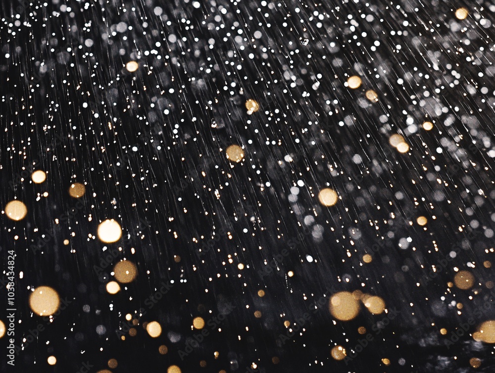 Poster a mesmerizing display of shimmering gold and silver particles cascading against a dark background, c
