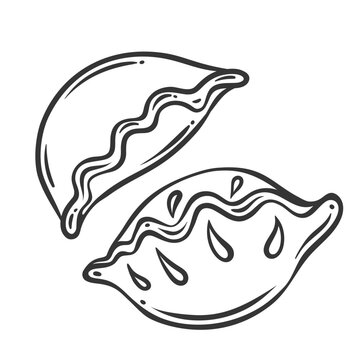 Two dumplings, Jiaozi or Gyoza line icon. Outline hand drawn sketch of stuffed buns with ground meat or vegetable filling. Asian food mascot, Japanese or Chinese dumplings icon vector illustration