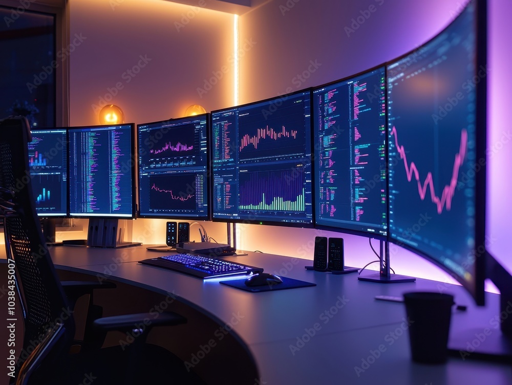 Poster sleek workspace with multiple curved monitors setup