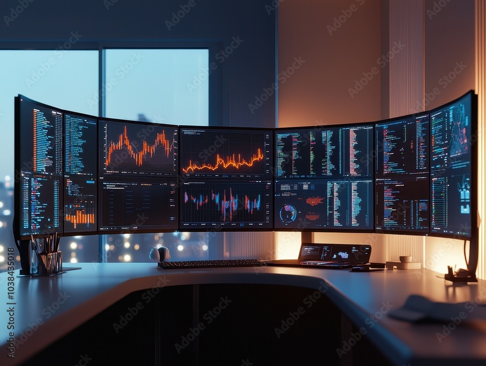 Aufkleber modern workspace with multiple curved monitors