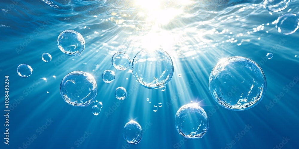 Poster bubbles rising in clear water with sunlight filtering through, creating a serene underwater scene th