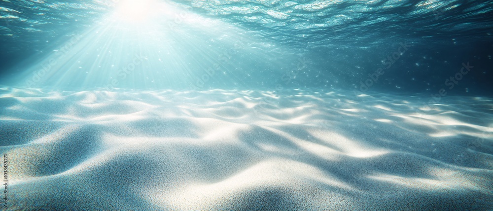 Poster underwater scene with sunlight filtering through the waves, illuminating soft sand ripples on the oc