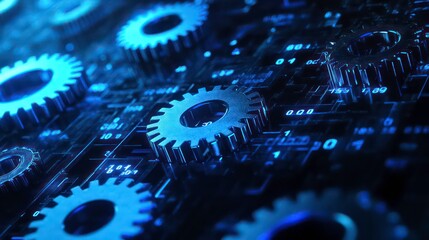Close-up of metallic gears on a blue circuit board, representing the inner workings of technology.
