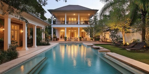 A stunning luxury villa with a beautiful pool and elegant architecture. The spacious garden adds tranquility to this inviting home. Perfect for relaxation and entertaining guests. AI