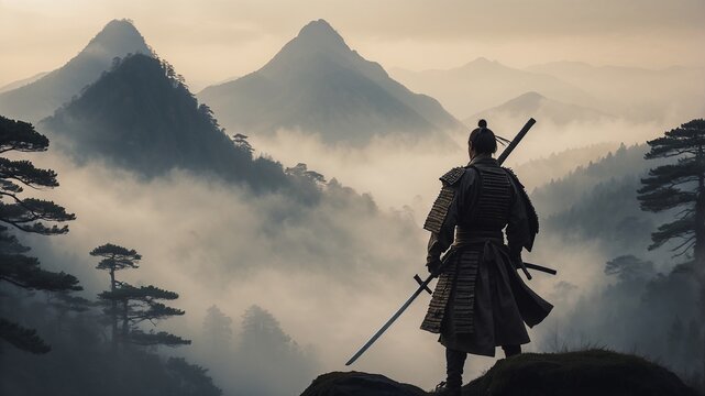 A lone samurai stands still, sword sheathed, gazing into the distance amidst a serene misty mountain landscape, surrounded by tall fog-shrouded coniferous trees