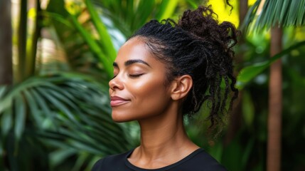 Woman practicing mindfulness meditation in a peaceful garden, eyes closed, focusing on her breath. Wellness and mental health.