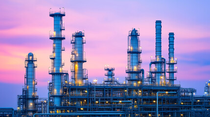 Obraz premium Glowing lights of an oil refinery plant at sunset a stunning industrial landscape