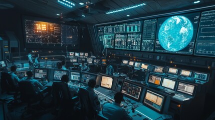 Mission Control : control room with scientists and engineers monitoring a space mission, large screens showing data and live feeds