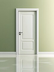 A minimalist white door with a sleek design, set against a soft green wall, creating a contemporary aesthetic for interior spaces.
