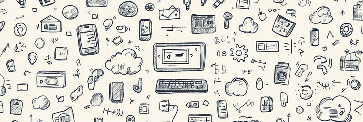 A creative arrangement of hand-drawn doodles features technology items like computers, smartphones, and cloud storage icons. Generative AI