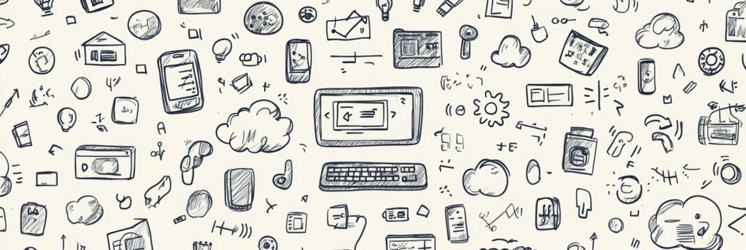 A creative arrangement of hand-drawn doodles features technology items like computers, smartphones, and cloud storage icons. Generative AI