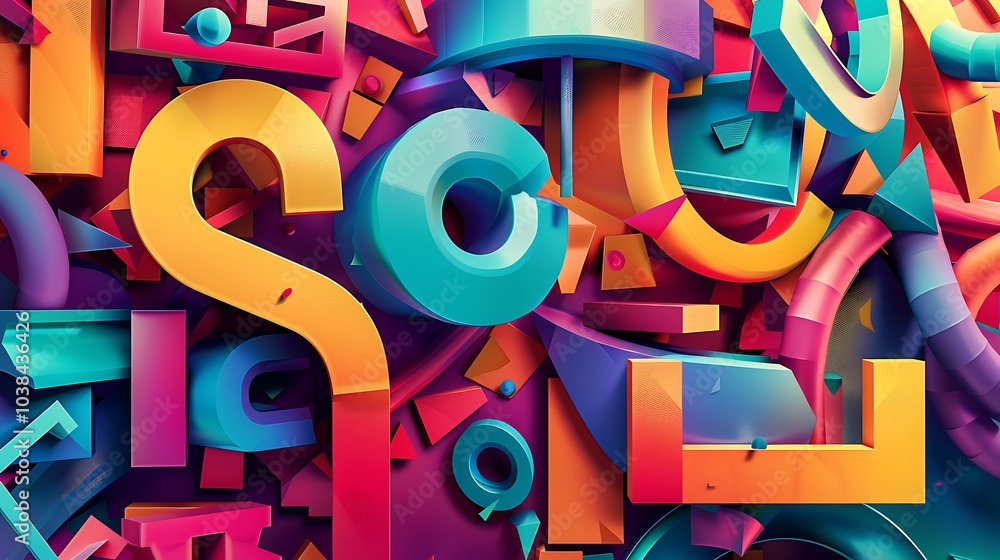 Fototapete 3d vector typography with bold letters and complex depth effects, rendered in bright colors