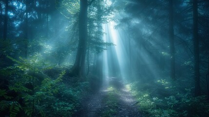 Obraz premium A foggy forest path with shafts of light piercing through the mist, creating a dramatic effect