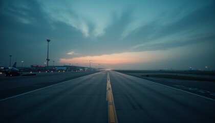 Empty airport runway at dawn with equipment and city lights in the background for high-octane vehicle stunts
