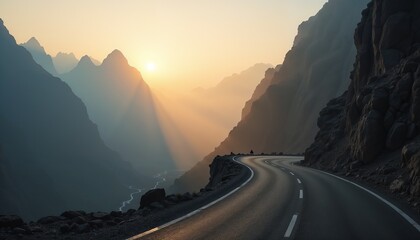 Crumbling mountain road at sunrise with jagged cliffs and fog for extreme stunt sequences