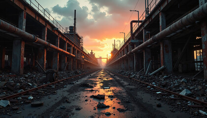 Fototapeta premium Abandoned industrial zone at twilight with broken structures and scattered debris for intense action stunt