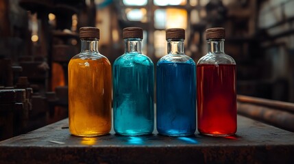 Close-up of glass bottles filled with colorful, toxic liquids, industrial background with rusted machinery, harsh lighting casting long shadows, Sci-fi, Gritty Realism