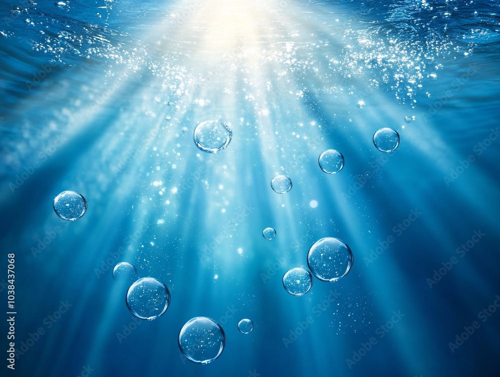 Poster underwater scene featuring sunlight rays filtering through water, creating a serene atmosphere with 