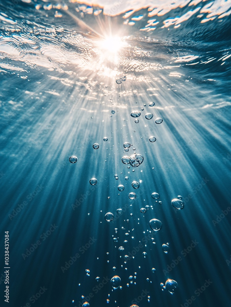 Poster underwater scene with sunlight filtering through water, creating beautiful rays and bubbles rising t