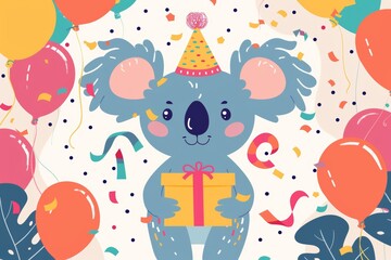 Naklejka premium Koala party celebration with balloons and gift
