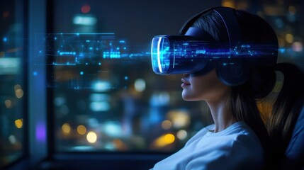 Woman wearing a virtual reality headset, fully immersed in a digital world while sitting in a modern living room. Future technology and entertainment.