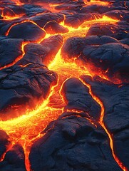 Fototapeta premium Lava flow creating stunning patterns on dark volcanic rock, showcasing nature's raw power and beauty in a close-up view.
