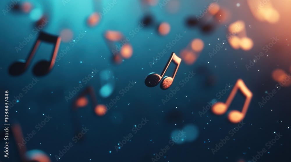 Poster 3d floating musical notes in abstract space